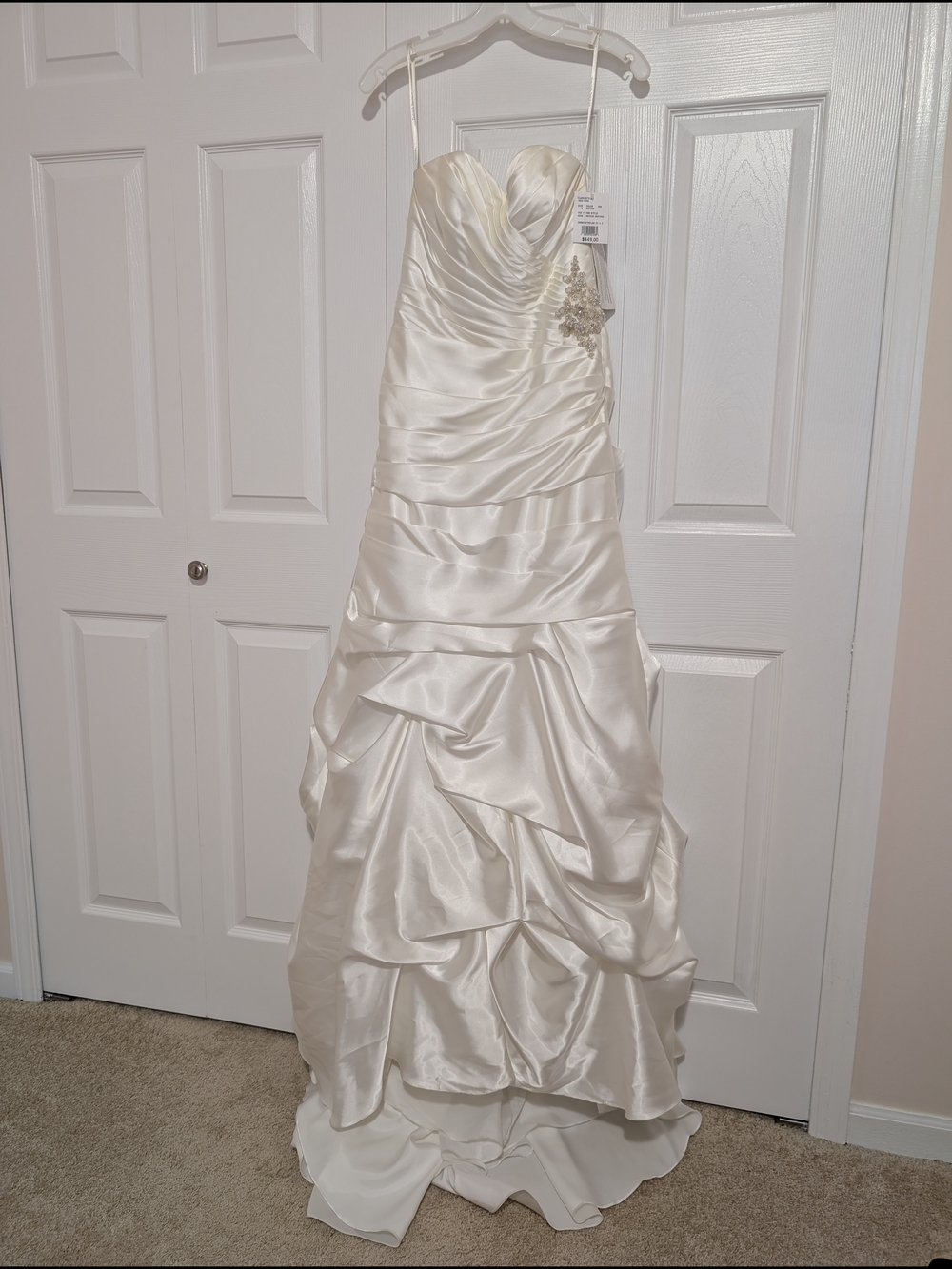 David’s Bridal Ivory Strapless Satin Wedding Dress w/ Ruching & Beaded Detail